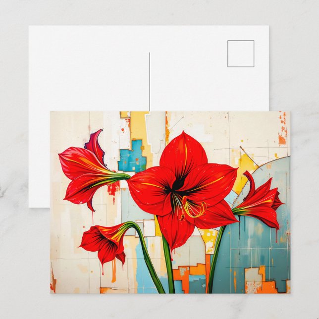 Postal Festiva Amaryllis vibrante en estilo abstracto moderno (Anverso / Reverso)