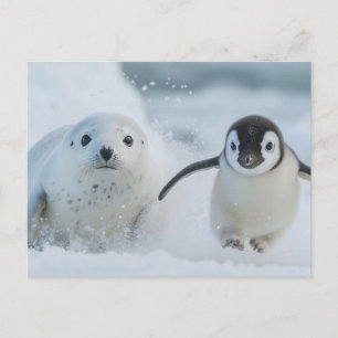 Postal Festiva Amigos Pingüino y Foca - Jugando en la Nieve