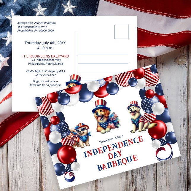 Postal Festiva Amistad con los perros sin fuegos artificiales 4 d (Dog Friendly No Fireworks 4th of July BBQ Party Holiday Invitation 2-Sided Postcard)