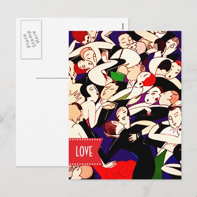 Postal Festiva Amor. Día de San Valentín. Parejas bailarinas Art  (Anverso / Reverso)