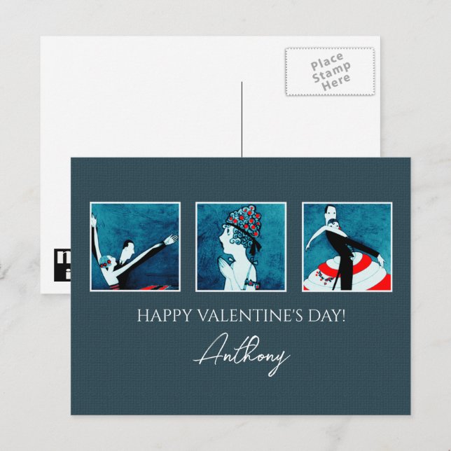 Postal Festiva Amor. Feliz Día de San Valentín. Art Deco (Anverso / Reverso)