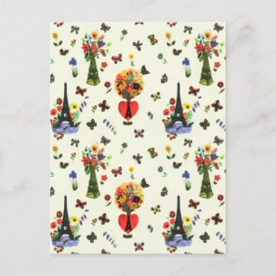 Postal Festiva Amor Vintage Floral París Torre Eiffel Mariposa