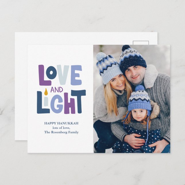 Postal Festiva "Amor y luz" Happy Hanukkah Photo Holiday Card (Anverso / Reverso)