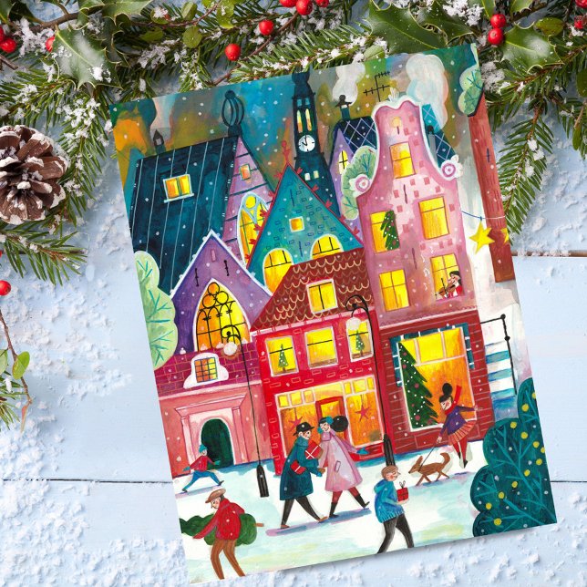 Postal Festiva Ámsterdam: Navidades de ilustraciones de nieve (Amsterdam city in the snow illustration Christmas Holiday Postcard)