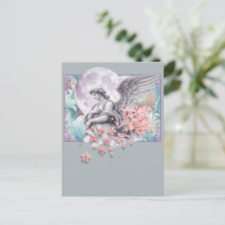 Postal Festiva Ángel a la luz de la luna — Luna y flores rosadas,