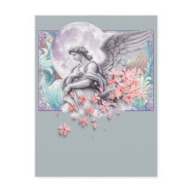 Ángel a la luz de la luna — Luna y flores rosadas,