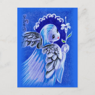 Postal Festiva Ángel azul lindo con el lirio de pascua