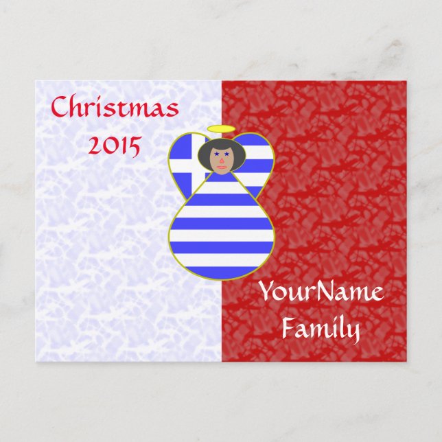 Postal Festiva Ángel de la bandera griega con pelo negro (Anverso)