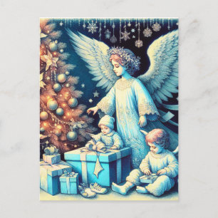 Postal Festiva Ángel de la Guarda Antiguo con Niños