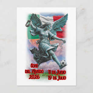 Postal Festiva Ángel de la Independencia jugando fútbol en un