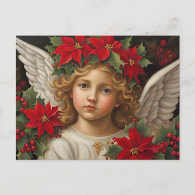 Postal Festiva Ángel de Navidades con Wreath de la Poinsettia Roj (Anverso)
