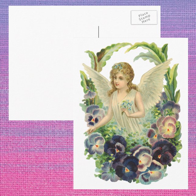 Postal Festiva Ángel de Pascua victoriano con flores de púrpura (Subido por el creador)