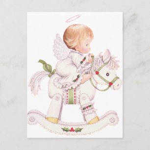 Postal Festiva Ángel lindo en un caballo de Navidades blancos