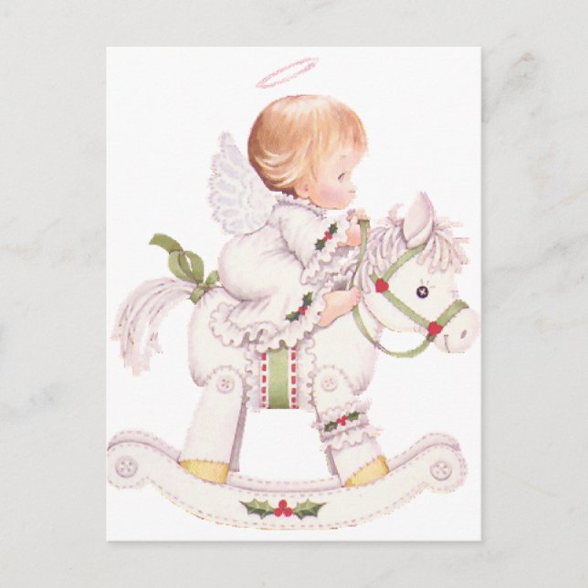 Postal Festiva Ángel lindo en un caballo de Navidades blancos (Anverso)
