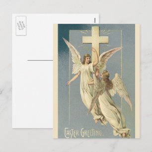 Postal Festiva Ángeles victorianos con una cruz, Pascua vintage