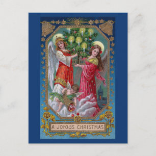 Postal Festiva Angels navidades y Cherub con árbol