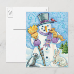 Postal Festiva Animales aburridos construyen un muñeco de nieve p