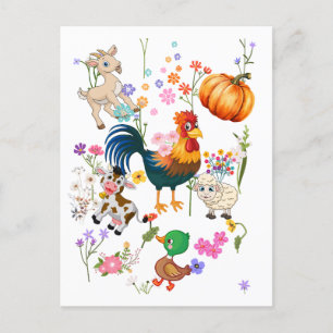 Postal Festiva Animales de granja y flores de bonito