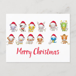 Postal Festiva Animales de los Navidades de Cute Santa Hat