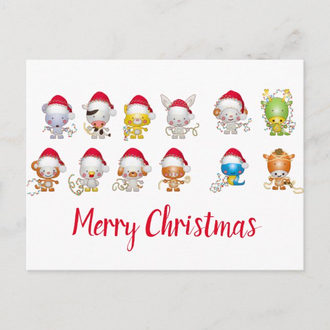 Postal Festiva Animales de los Navidades de Cute Santa Hat (Anverso)