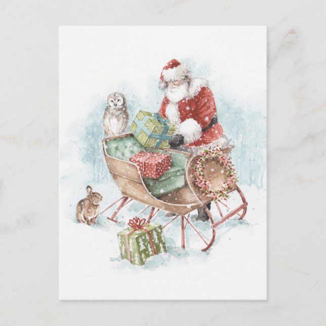 Postal Festiva Animales de Woodland con Santa Claus y su Sleigh (Anverso)