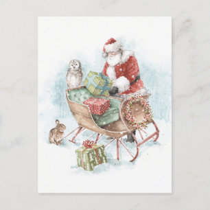 Postal Festiva Animales del bosque con Santa Claus y su trineo