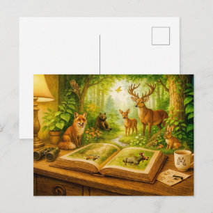 Postal Festiva Animales del bosque surgiendo de un libro abierto