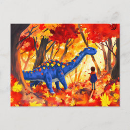 Postal Festiva Anime boy caminando dinosaurio otoño bosque