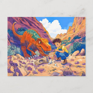 Postal Festiva Anime boy con T-Rex en la caza de fósiles