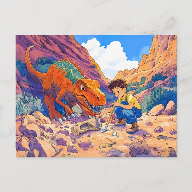 Postal Festiva Anime boy con T-Rex en la caza de fósiles (Anverso)