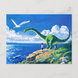 Postal Festiva Anime boy y Brachiosauro con vistas al mar