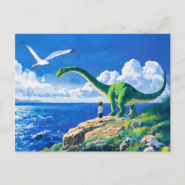 Postal Festiva Anime boy y Brachiosauro con vistas al mar (Anverso)