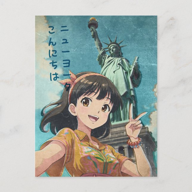 Postal Festiva Anime Girl and Statue of Liberty, New York - Retro (Anverso)
