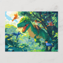 Postal Festiva Anime montando T-Rex en la selva y las aves