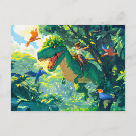Postal Festiva Anime montando T-Rex en la selva y las aves