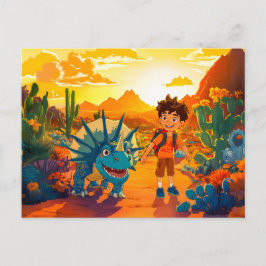 Postal Festiva Anime niño caminando Triceratops al atardecer