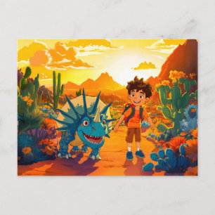 Postal Festiva Anime niño caminando Triceratops al atardecer