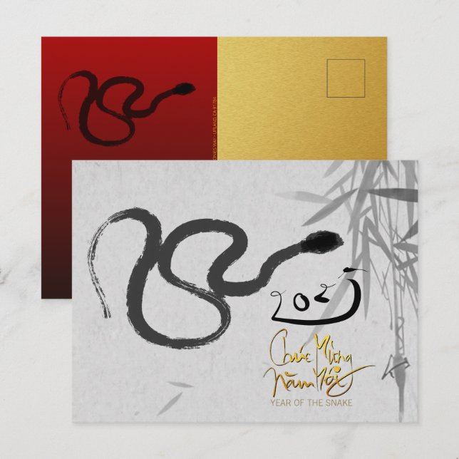 Postal Festiva Año de la serpiente original vietnamita con textos (Anverso / Reverso)