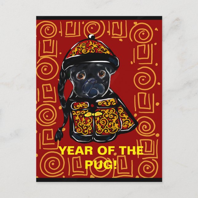 Postal Festiva Año del Perro Pug Negro (Anverso)