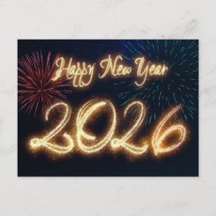 Postal Festiva Año Nuevo 2026 Brillante con Fuegos Artificiales