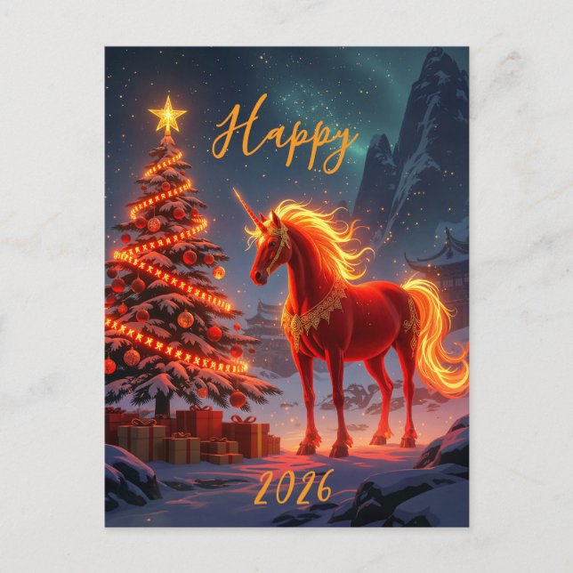 Postal Festiva Año nuevo 2026 del caballo rojo de fuego chino (Anverso)