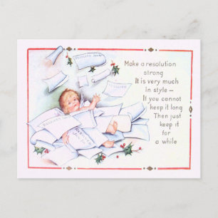 Postal Festiva Año Nuevo bebé ángel querubín de acebo