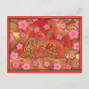 Postal Festiva Año Nuevo Chino Conejo Rojo Flor de Cerezo Dorada