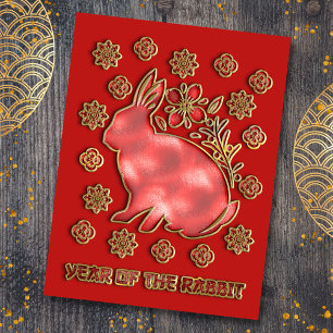 Postal Festiva Año Nuevo Chino del Conejo de Oro Rojo 2023
