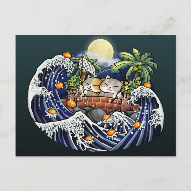 Postal Festiva Año Nuevo Chino Gato Lanzando Naranjas (Anverso)