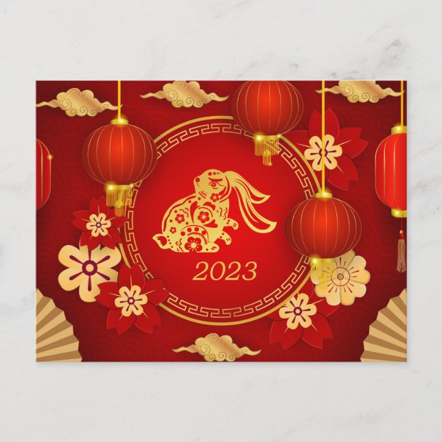 Postal Festiva Año Nuevo Chino Ornamentos de Conejo Rojo Floral (Anverso)