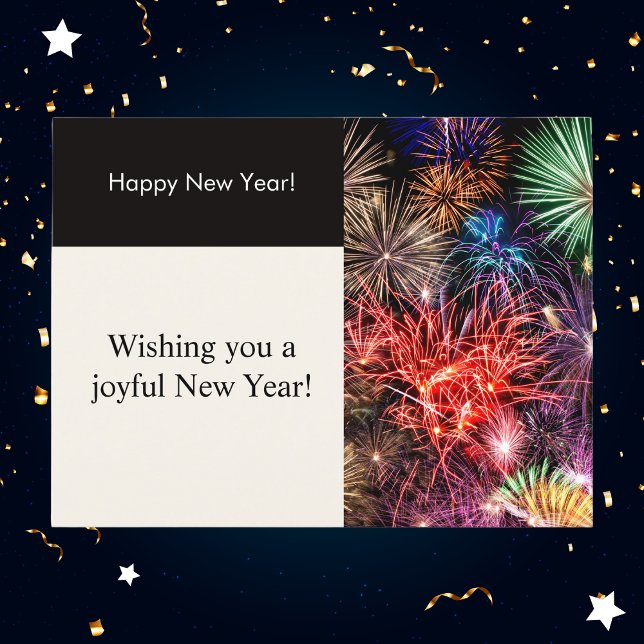 Postal Festiva Año Nuevo con fuegos artificiales modernos en negr (Subido por el creador)