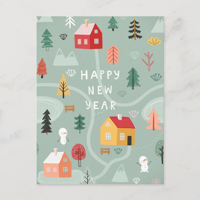 Postal Festiva Año Nuevo de la villa de invierno - Un comienzo ac (Anverso)