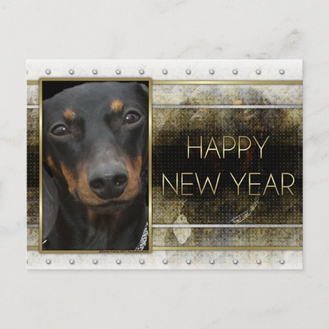 Postal Festiva Año Nuevo - elegancia de oro - Dachshund Winston (Anverso)