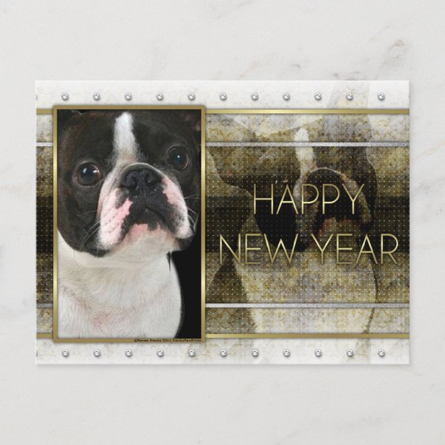 Postal Festiva Año Nuevo - Elegancia dorada - Boston Terrier (Anverso)